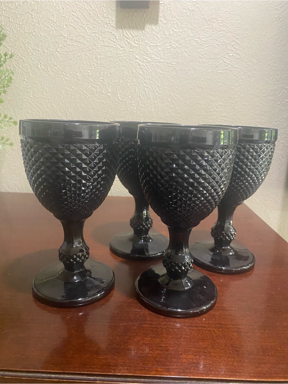 Set of 4, Vista Alegre Bicos,Black Textured Goblet Set - Diamond Pattern Glasses
